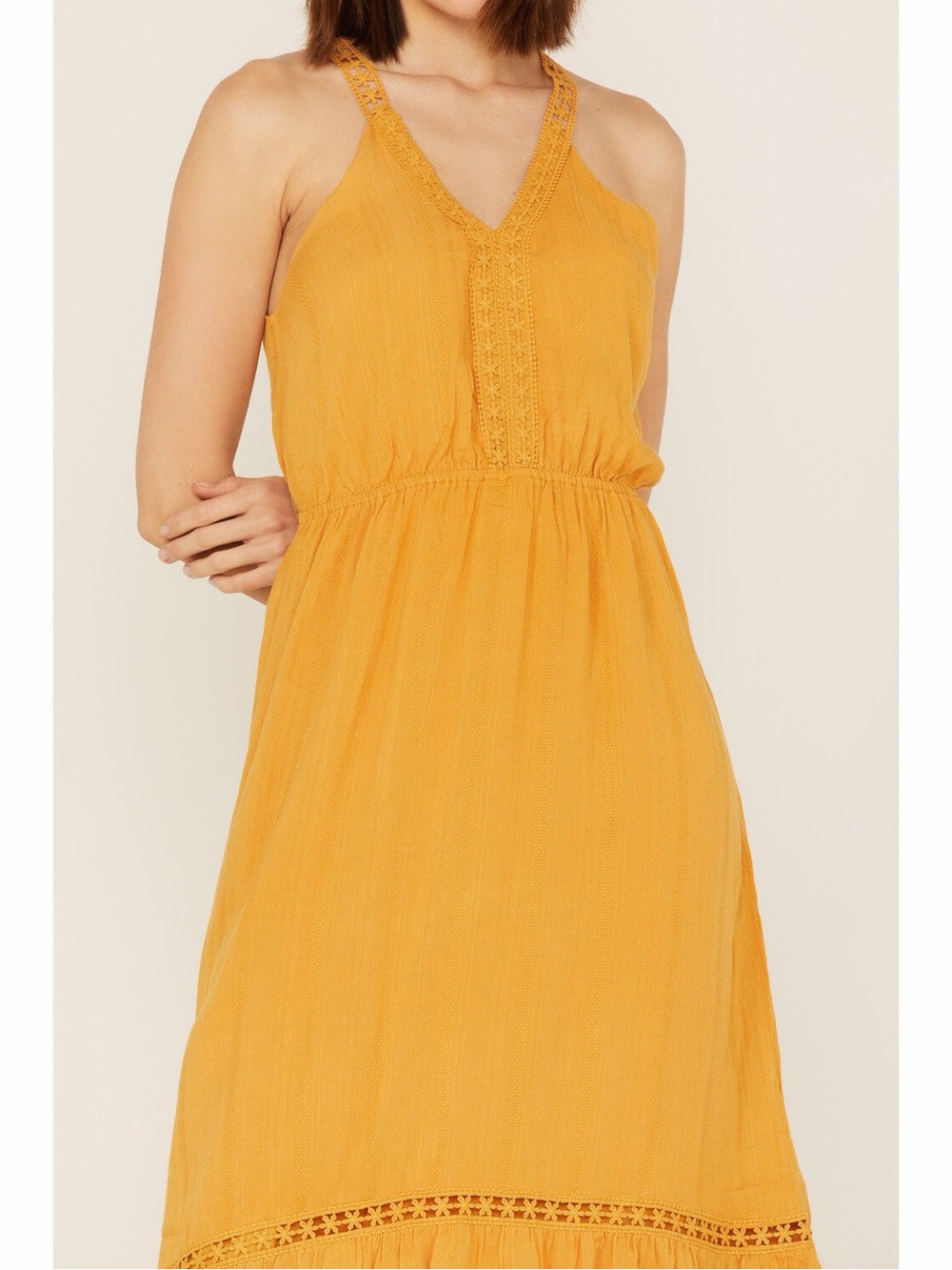 MOLLY BRACKEN MUSTARD YELLOW LACE TRIM MIDI DRESS - Picture 2 of 9